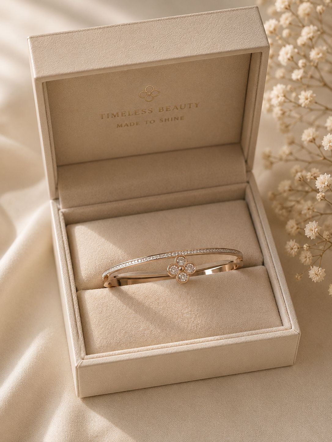 Elegant Clover Crystal Bangle – Rose Gold
