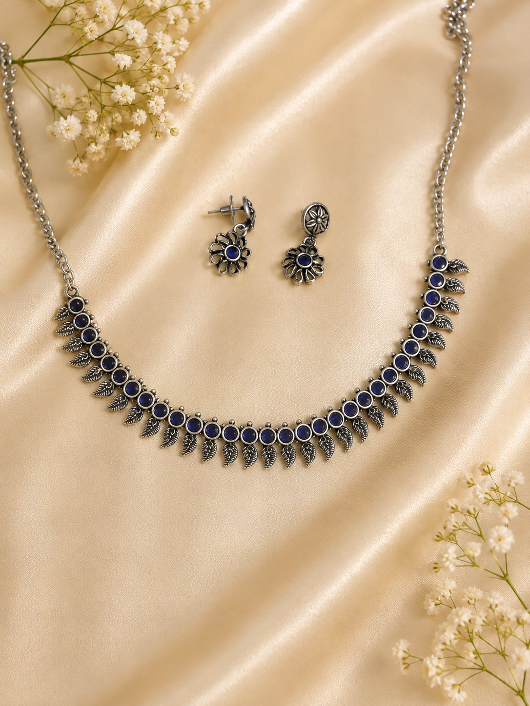Vintage Oxidized Blue Stone Necklace Set