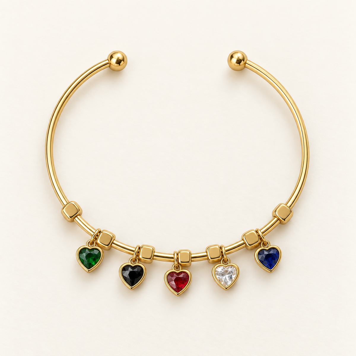 Multicolour Crystal Heart Charm Cuff Bracelet
