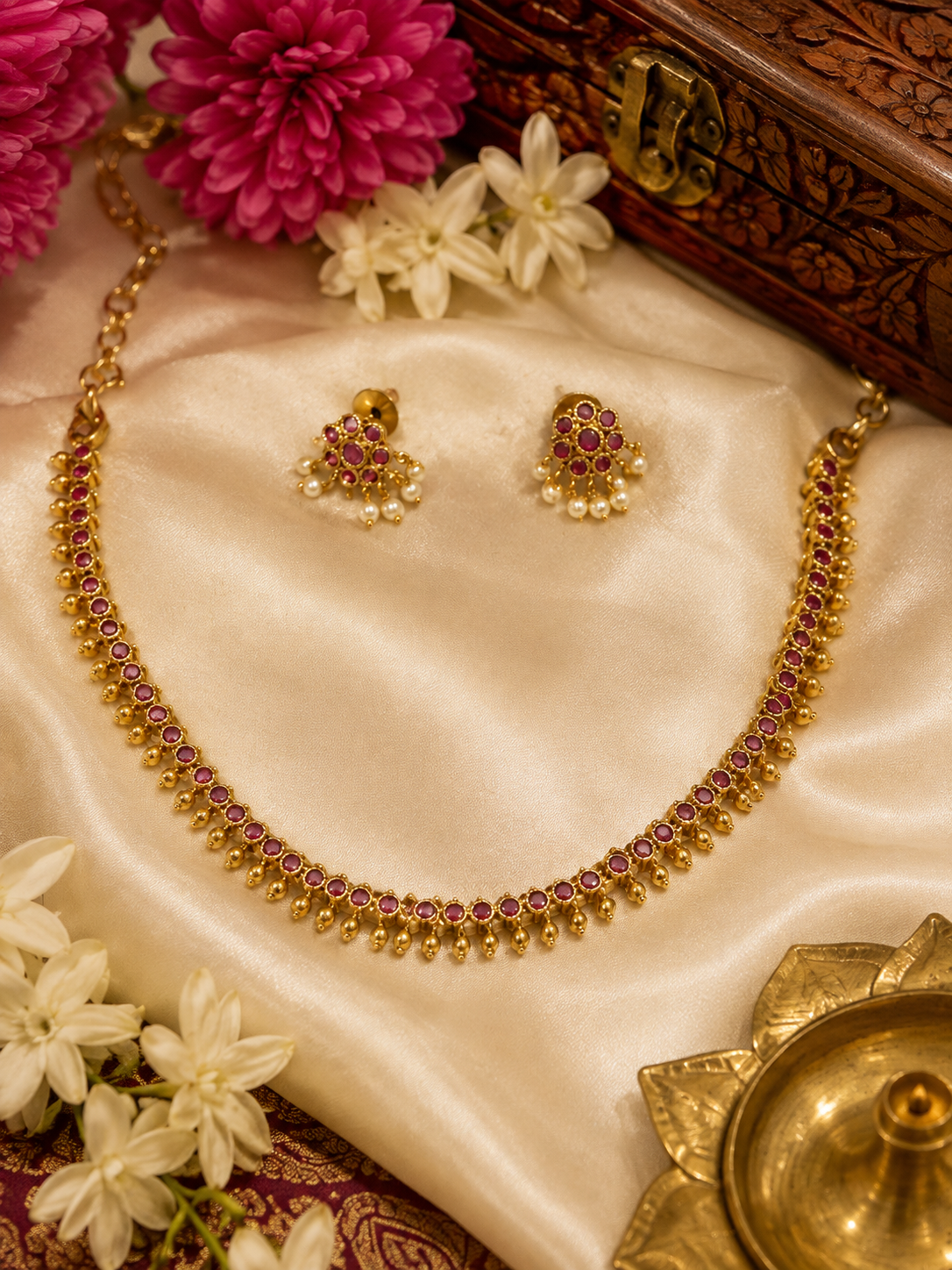Ruby Temple Necklace Set with Pearl Earrings