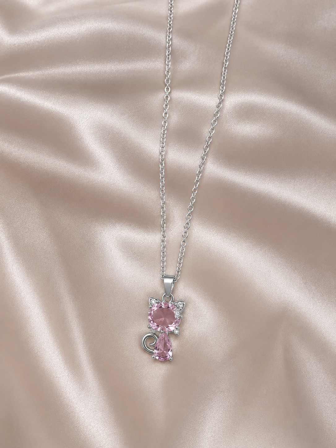 Pink Crystal Cat Pendant Necklace